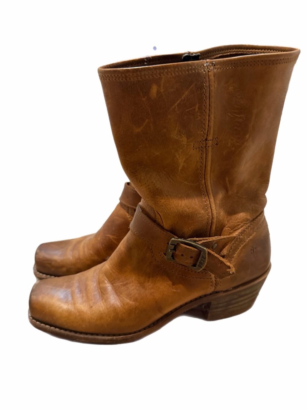 Frye Tan Leather Mid-Calf Harness Boots
